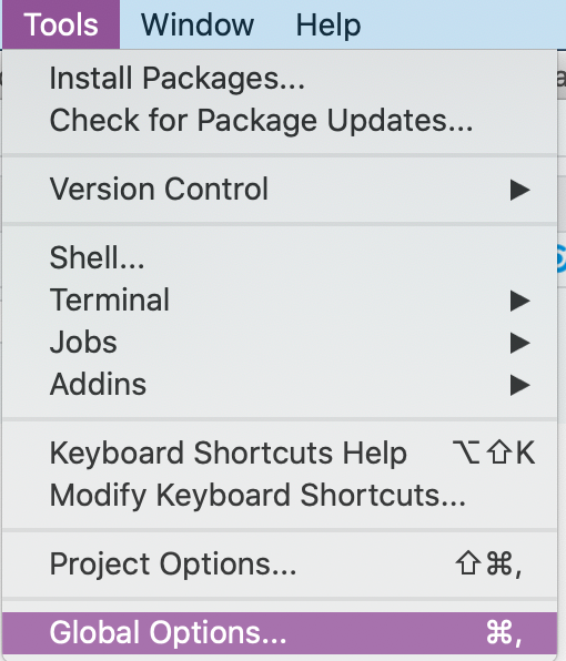 Selecting Global Options from the Tool Dropdown Menu